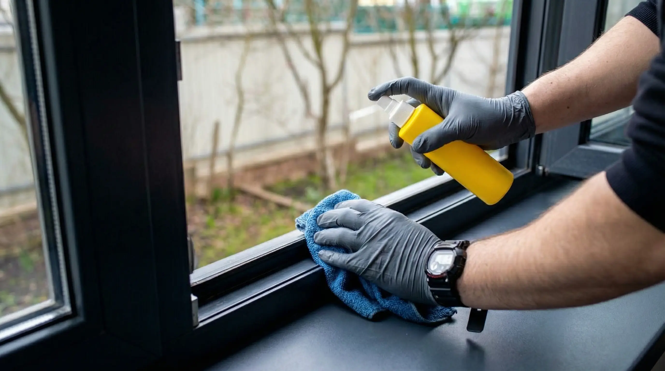 Czyszczenie okucia okiennego z osadu pyłu i starego smaru przed nałożeniem nowego oleju technicznego