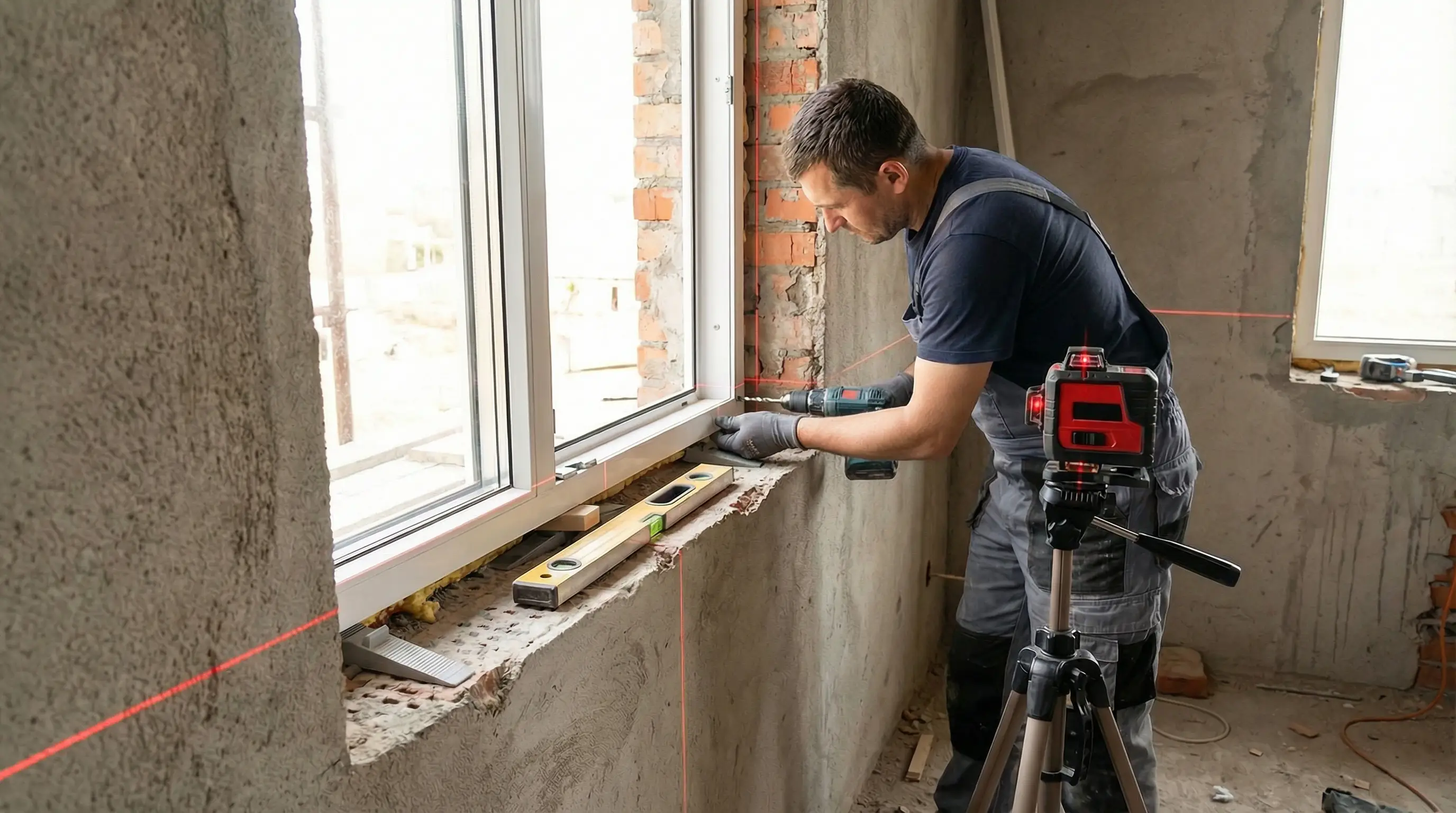 oziomowanie ramy okiennej przy użyciu lasera krzyżowego 