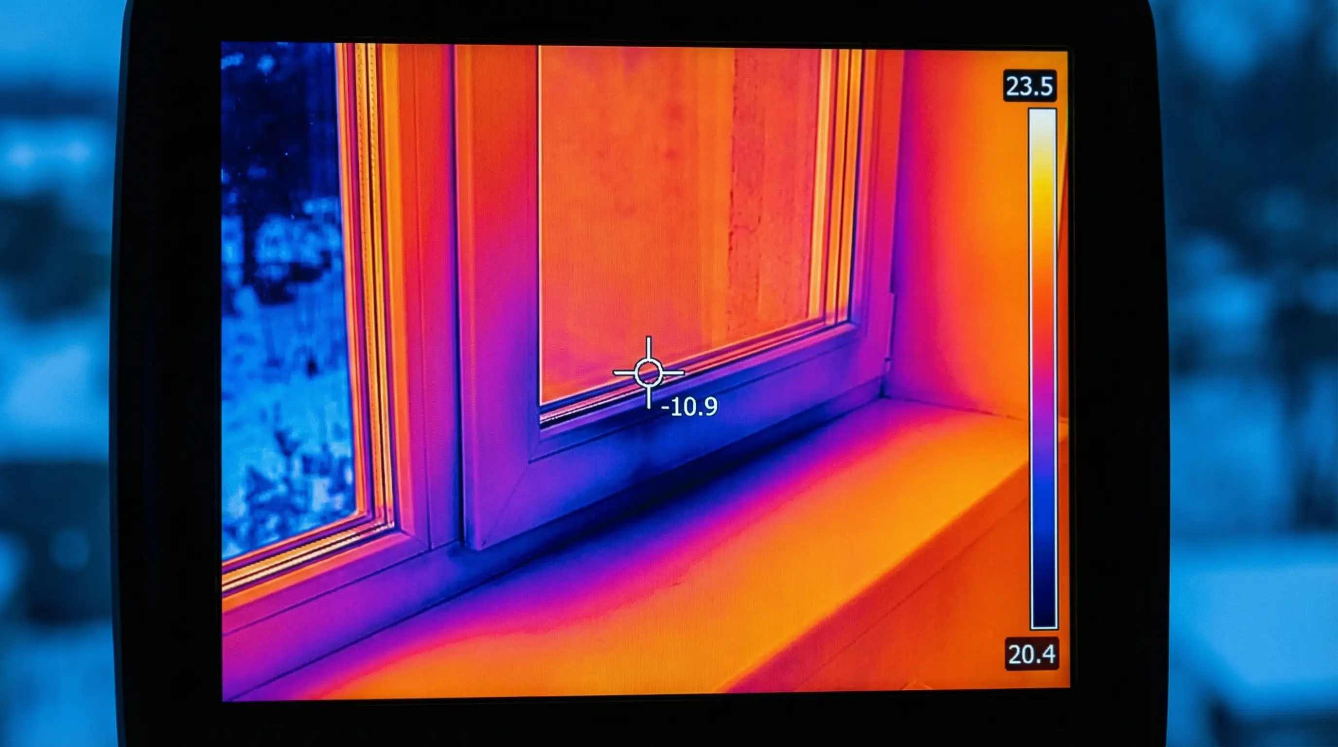Mostek termiczny w nieszczelnym oknie,badanie termowizją